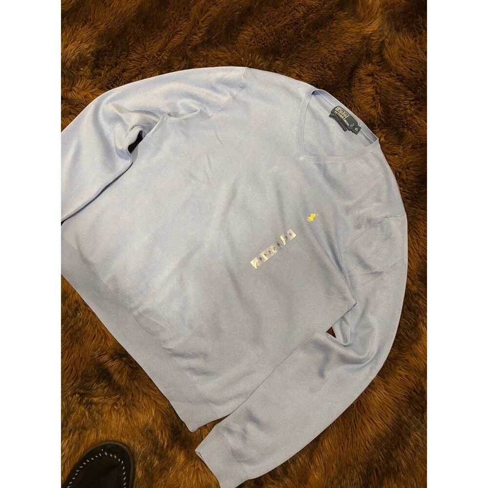 NWOT Men’s XL Polo by Ralph Lauren Light Blue V-Neck Sweater Yellow Embroidery